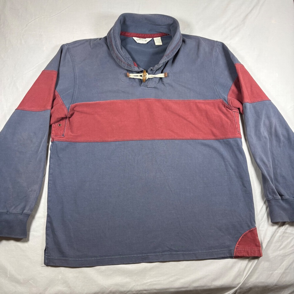 Orvis‎ Toggle Rope Rugby Shirt Mens Large Blue Burgundy Colorblock Long Sleeve